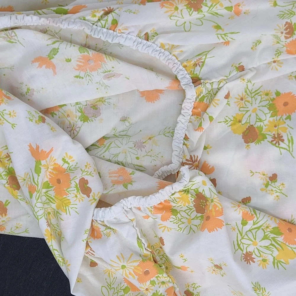 Cannon Monticello Vintage Floral Twin Fitted Sheet Orange Yellow Green Retro 70s